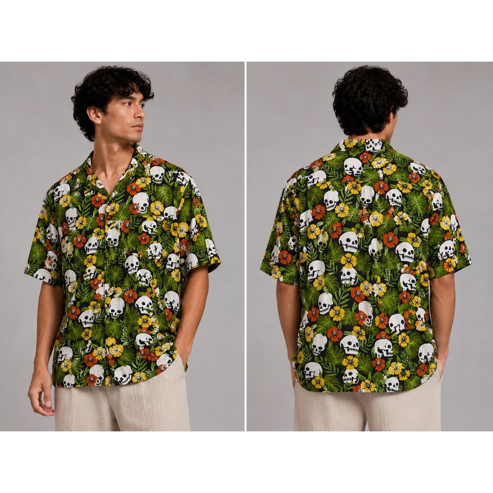 Wicked Clothes Skull Hawaiian Shirt Mens 3XL Black Rayon Tropical Button Up